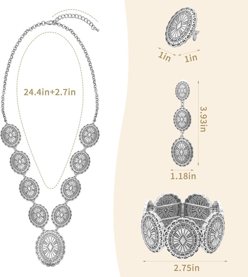 JMScape 4 PCS Western Turquoise Jewelry for Women Boho Vintage Navajo Pearl Necklace Earring Bracelet Ring Set Country Cowgirl Accessories for Gift - Image 5